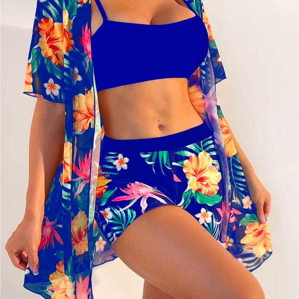 Floral Blue Women's Swim 3 piece Set